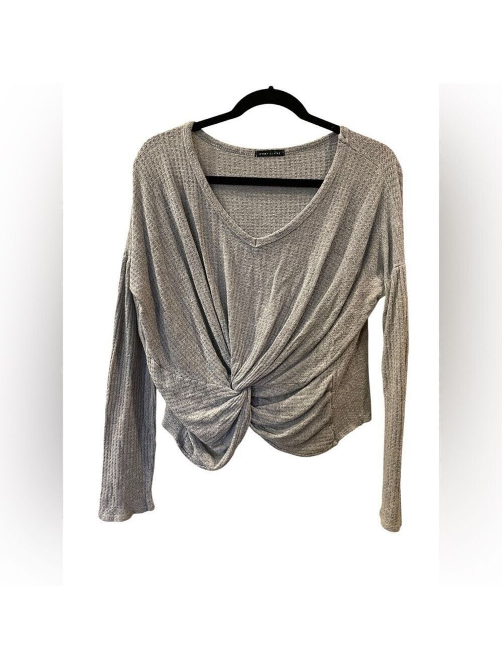 Sweet Claire Women's Waffle Knit Gray Shirt Long Sleeve Twist Knot Size Small